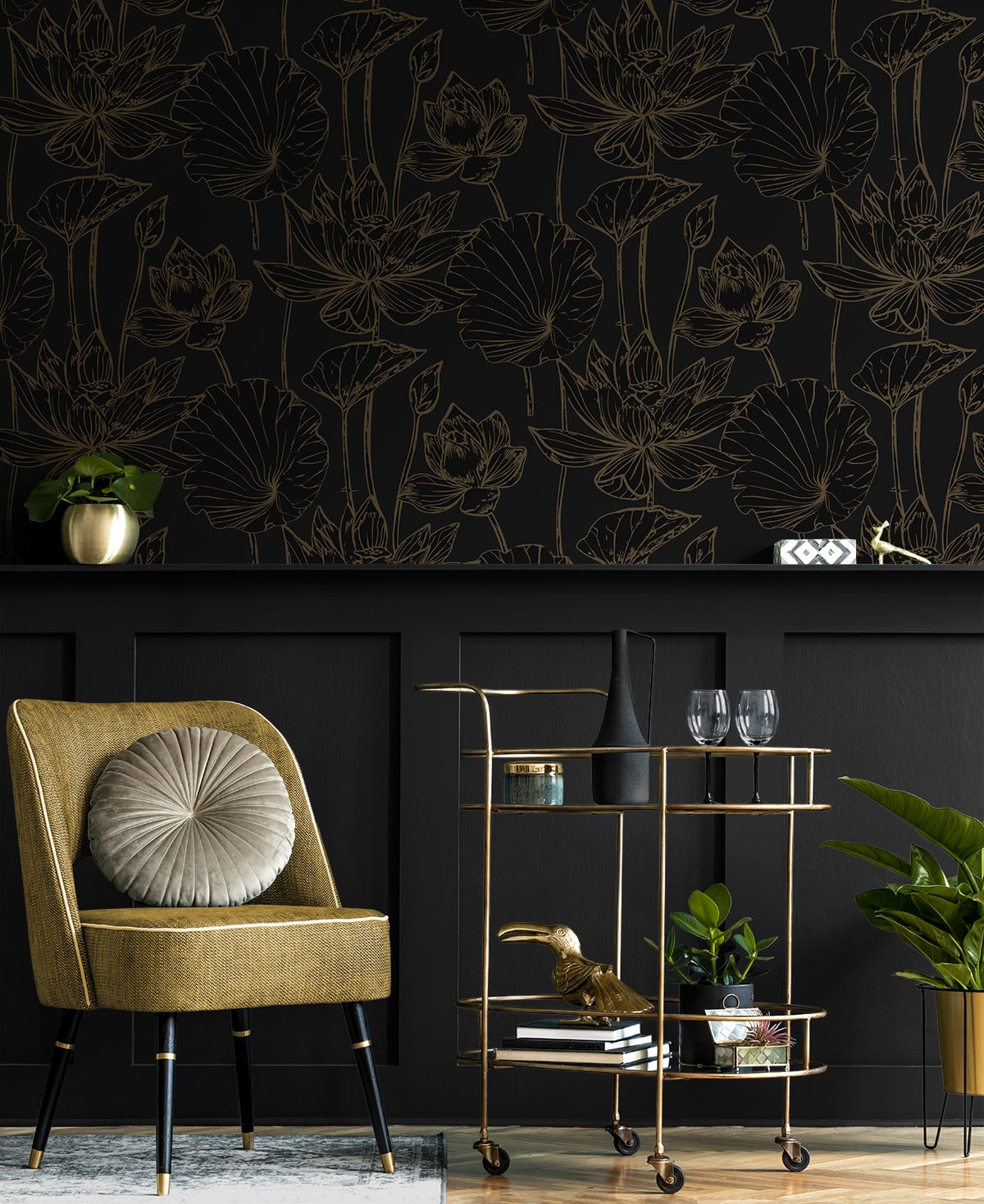 NextWall  Lotus Garden Floral Floral Contemporary Black   - NW59710