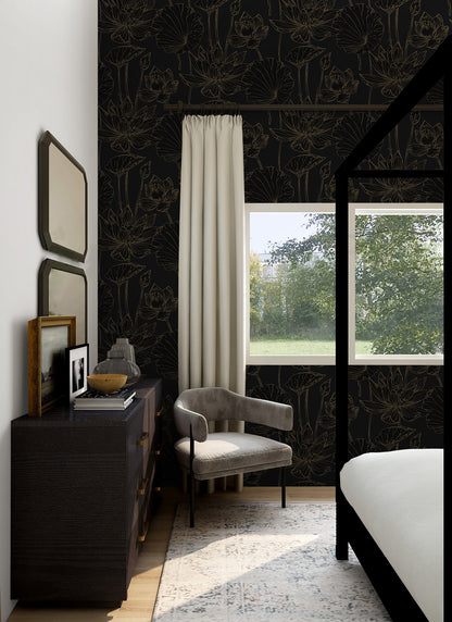 NextWall  Lotus Garden Floral Floral Contemporary Black   - NW59710
