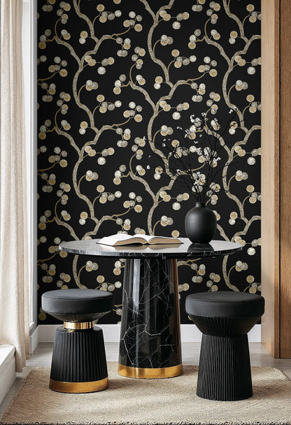 NextWall  Woodland Whimsy Floral Contemporary Black   - NW59810