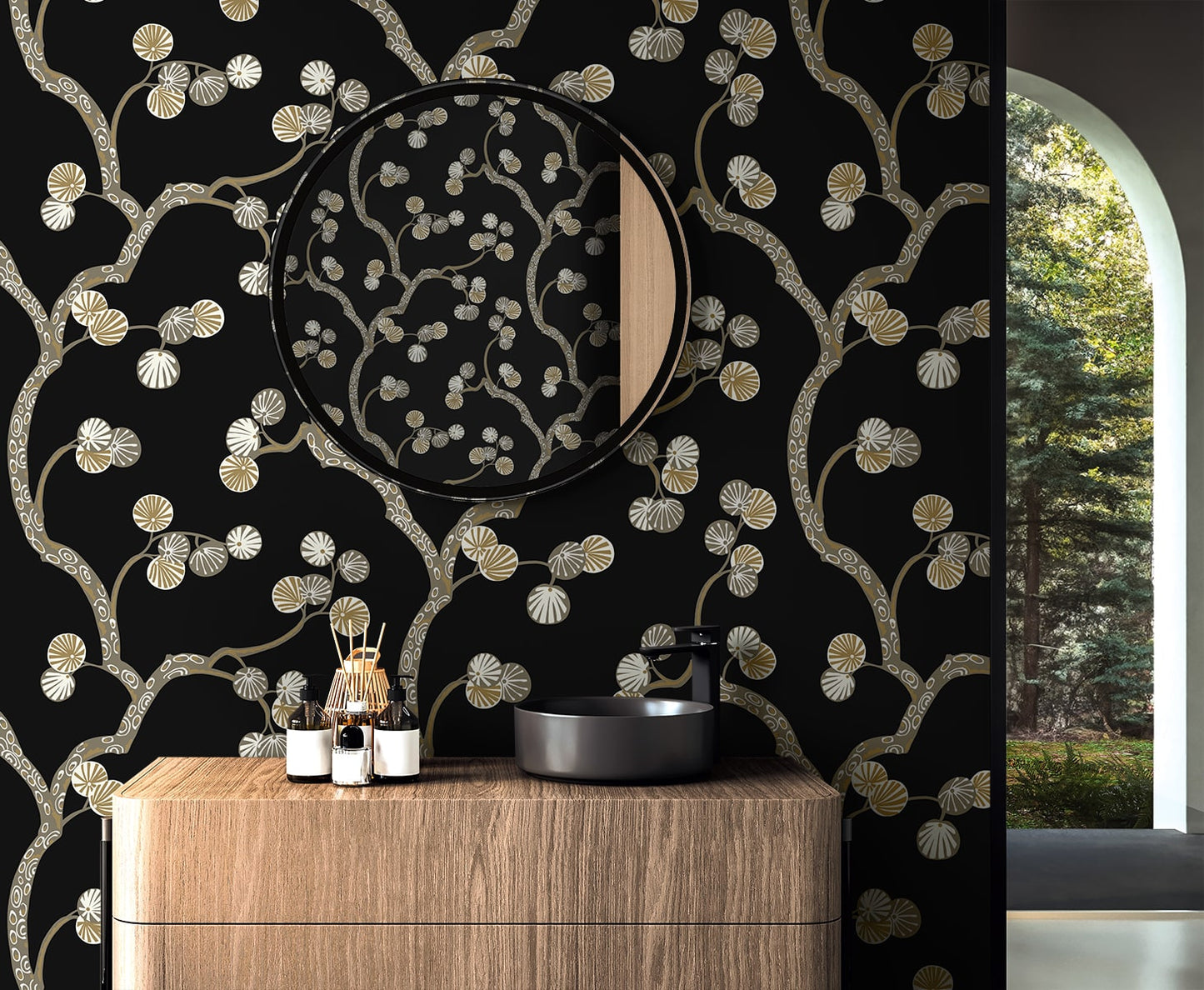 NextWall  Woodland Whimsy Floral Contemporary Black   - NW59810