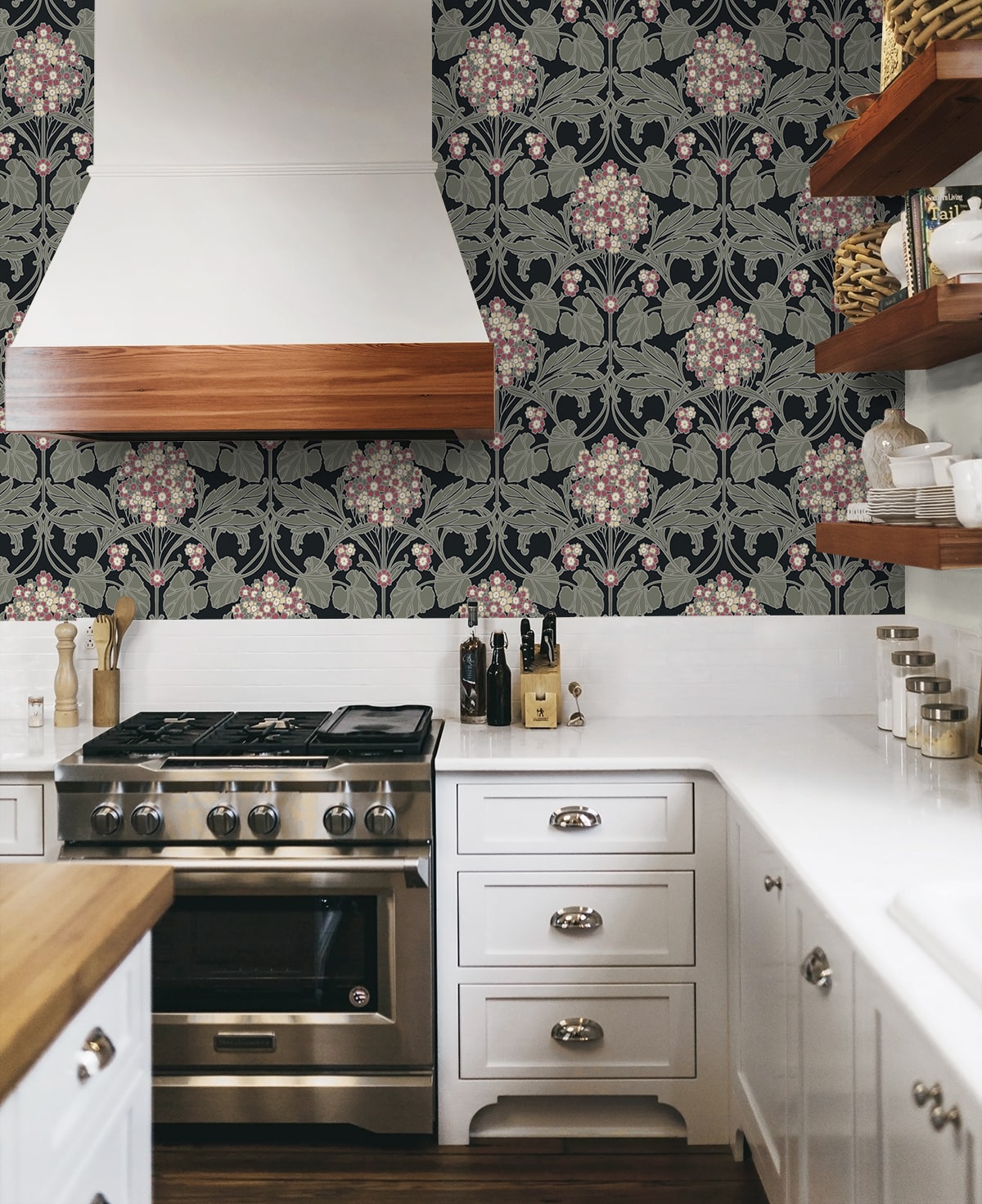 NextWall  Hydrangea Floral Floral Vintage Black   - NW60410