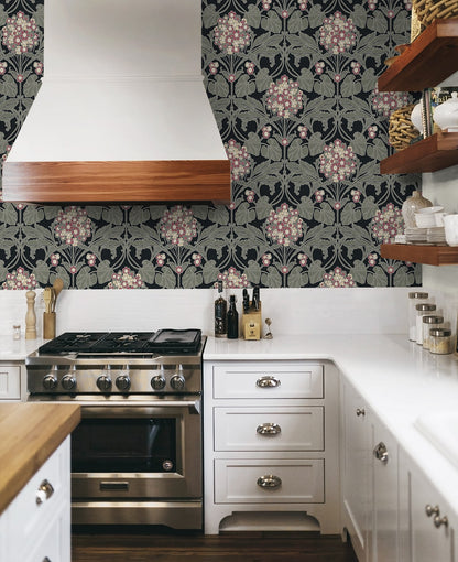 NextWall  Hydrangea Floral Floral Vintage Black   - NW60410