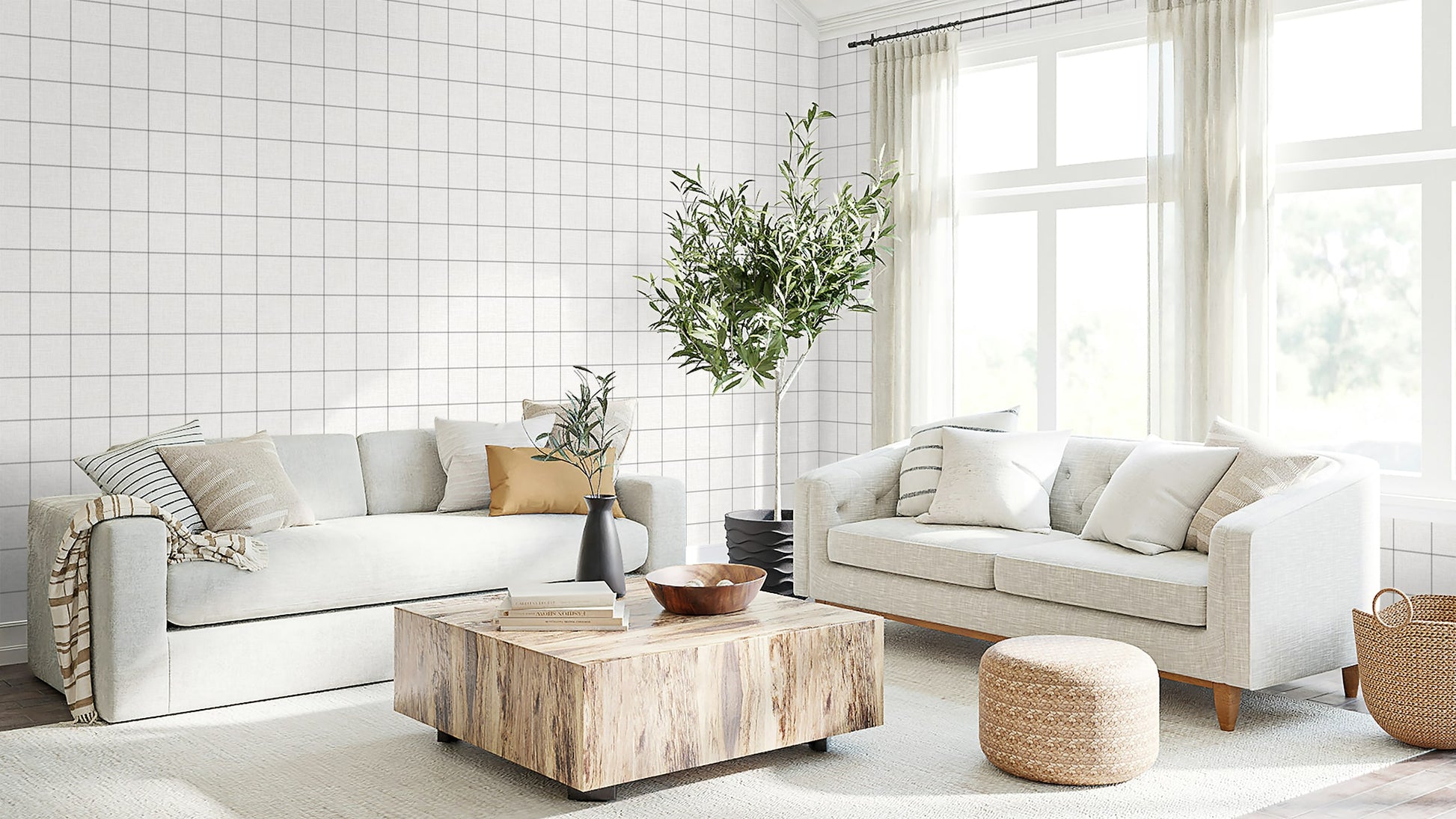 Grey striped check wallpaper on the wall, shown in a bright modern room.