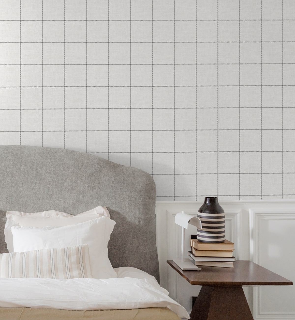Grey striped check wallpaper with a traditional, classic pattern.