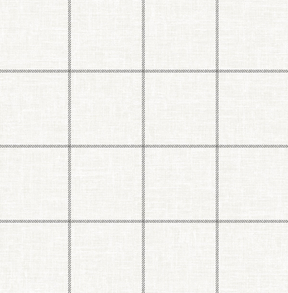 Cream linen-like wallpaper with a dark gray striped check pattern and a woven texture.