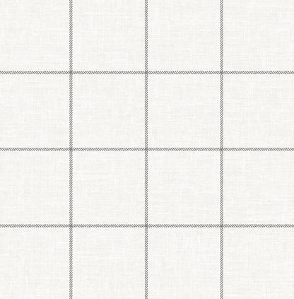 Cream linen-like wallpaper with a dark gray striped check pattern and a woven texture.