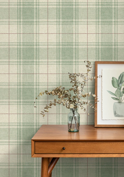 NextWall  Linen Cut Plaid Plaid Traditional Green   - NW60804