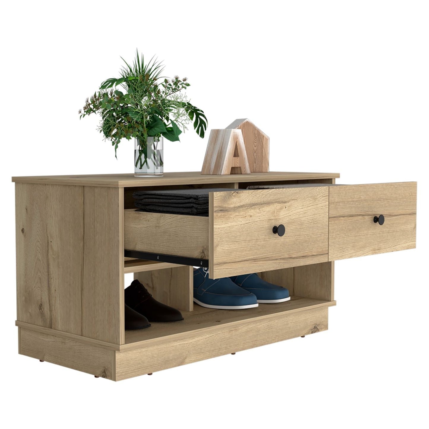 Storage Bench with Two Open Shelves & Two Drawers