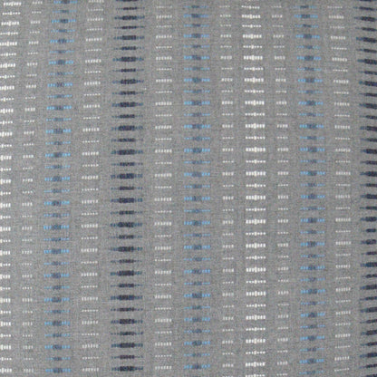 Outdoor lumbar pillow in bluestone stripe; gray woven fabric with vertical blue and white dashed stripes