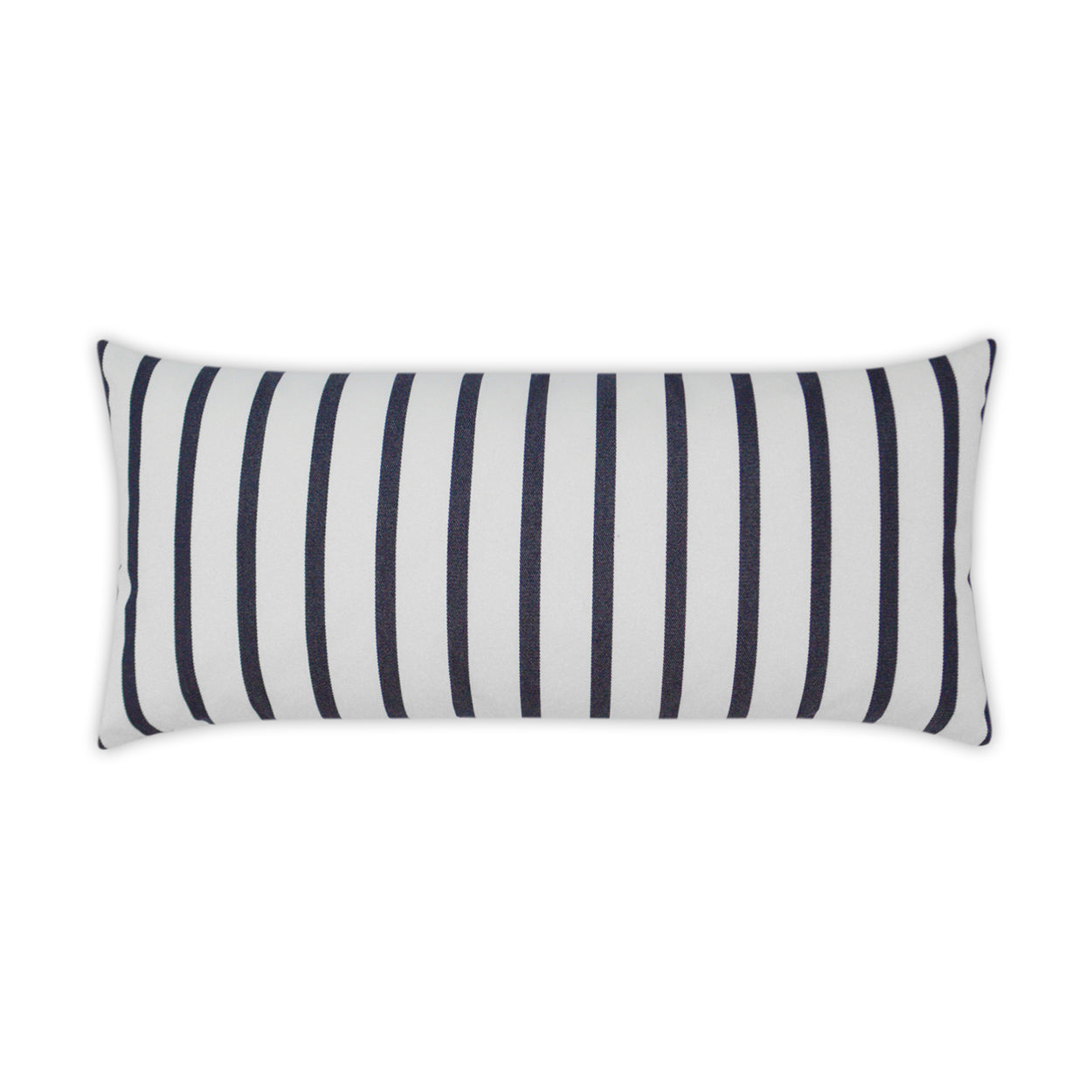 Rectangular decorative pillow with navy vertical stripes on white fabric.