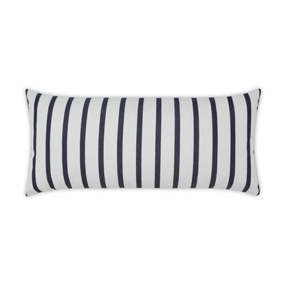 Rectangular decorative pillow with navy vertical stripes on white fabric.