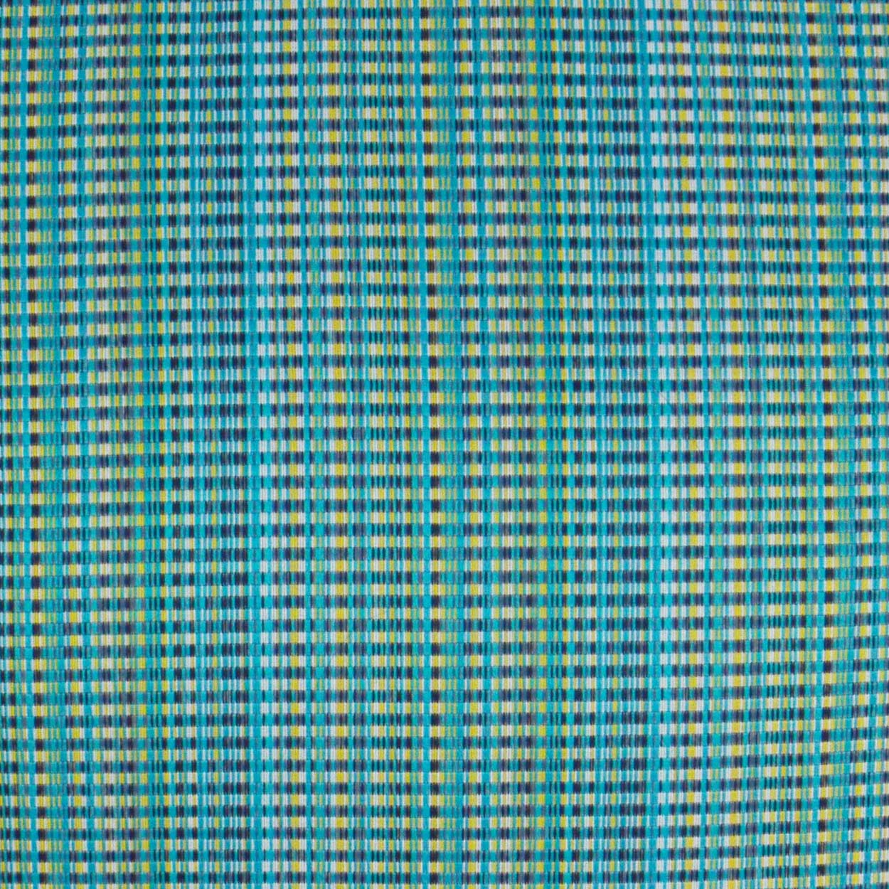 Teal and blue Ikat woven fabric with yellow accents on an outdoor lumbar pillow.