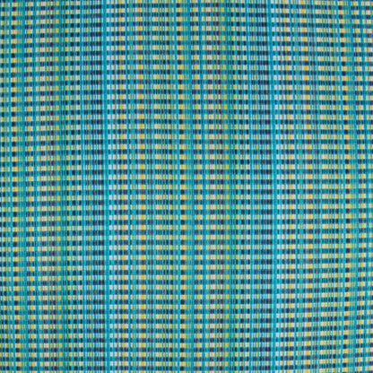 Teal and blue Ikat woven fabric with yellow accents on an outdoor lumbar pillow.
