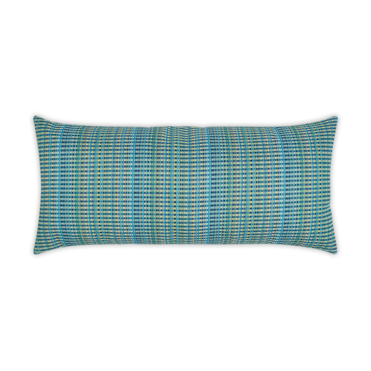 Rectangular outdoor woven lumbar pillow in turquoise blue and beige with an Ikat pattern.