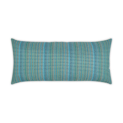 Rectangular outdoor woven lumbar pillow in turquoise blue and beige with an Ikat pattern.