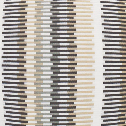 Outdoor lumbar pillow with vertical striped woven fabric in brown, beige, taupe and gray; linen color, 12" x 24