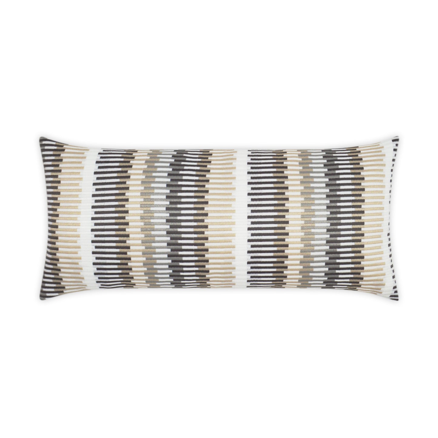 Rectangular outdoor linen lumbar pillow with beige, gray and black woven stripes in a modern geometric pattern.