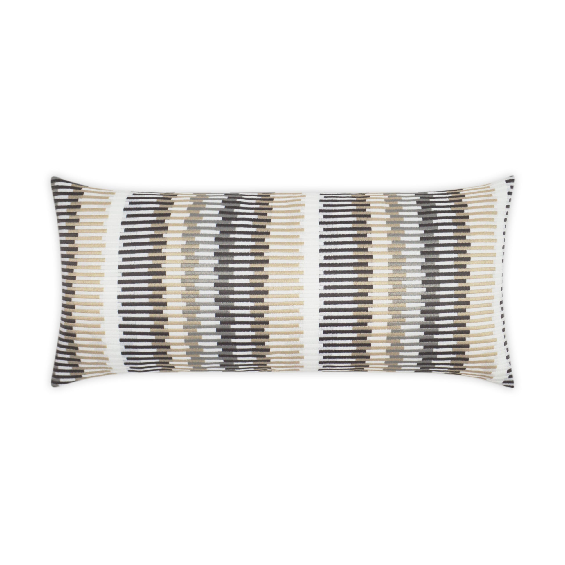 Rectangular outdoor linen lumbar pillow with beige, gray and black woven stripes in a modern geometric pattern.
