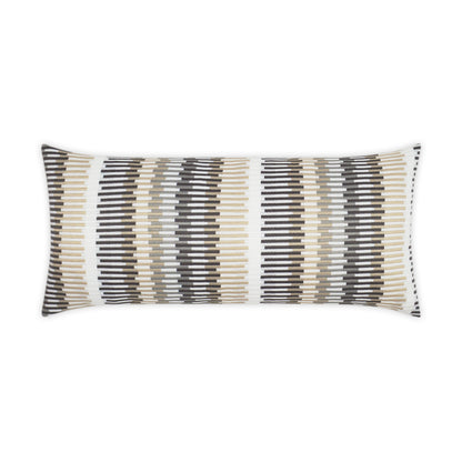Rectangular outdoor linen lumbar pillow with beige, gray and black woven stripes in a modern geometric pattern.