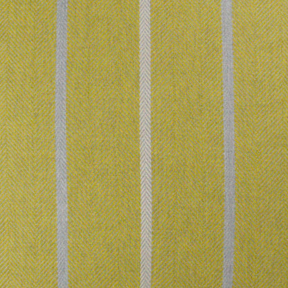 Mustard yellow textured fabric with pale gray vertical stripes and herringbone weave, suitable for upholstery.