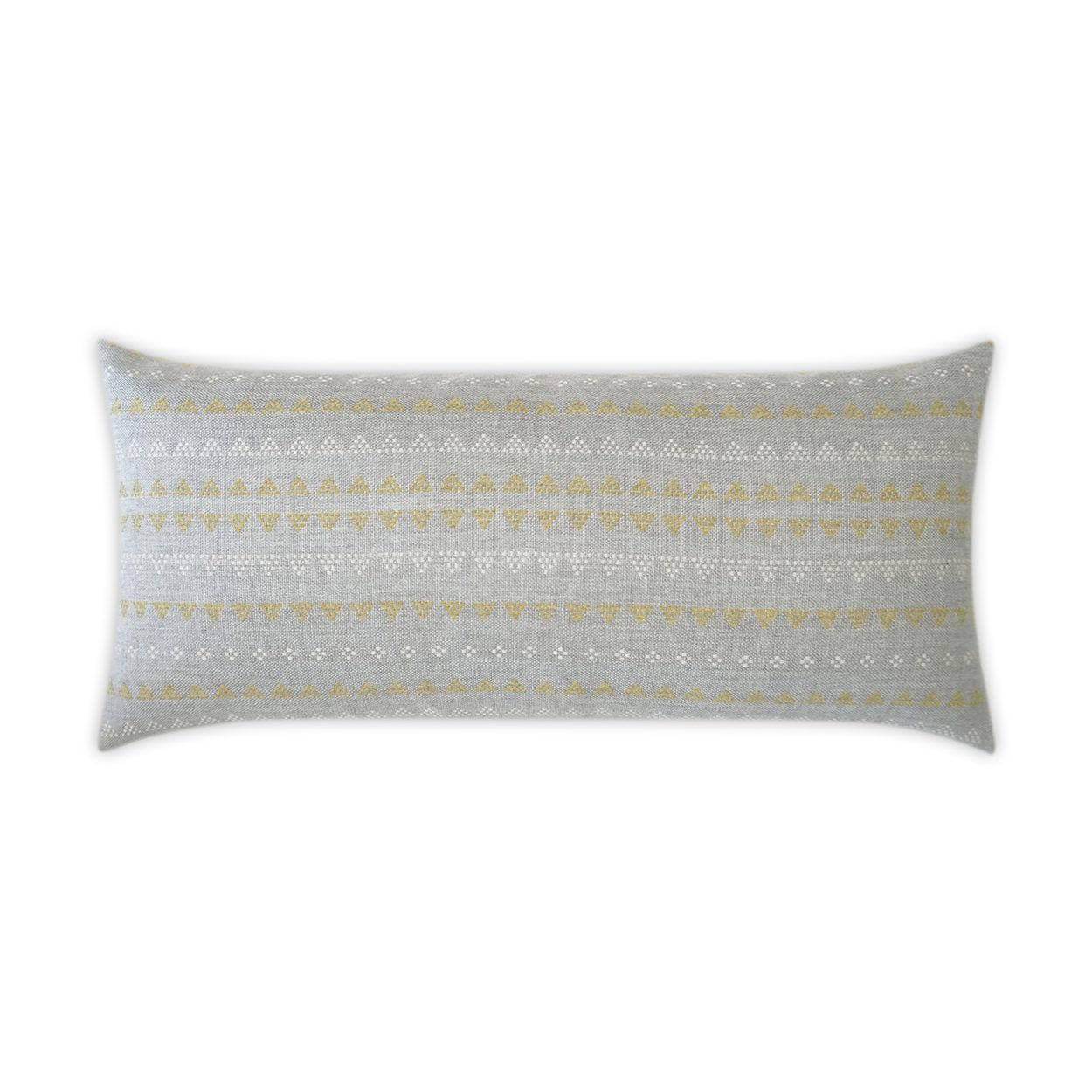 Rectangular gray throw pillow with white and metallic gold geometric triangle stripe pattern.