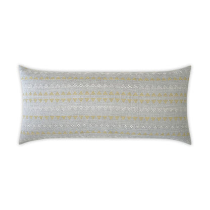 Rectangular gray throw pillow with white and metallic gold geometric triangle stripe pattern.