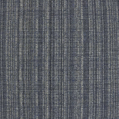 Navy blue-gray woven outdoor lumbar pillow with subtle vertical pinstripes and a textured fabric.