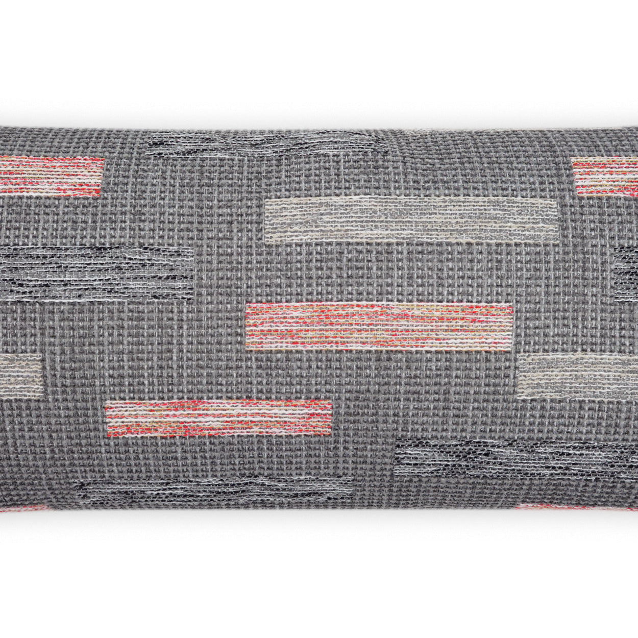 Outdoor blockweave lumbar pillow in gray with rectangular light-gray blocks and coral accents, 12" x 24".