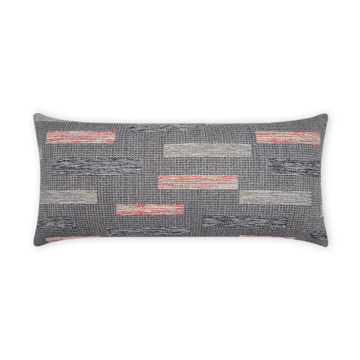 Coral outdoor blockweave lumbar pillow with a textured woven surface.