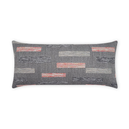 Coral outdoor blockweave lumbar pillow with a textured woven surface.