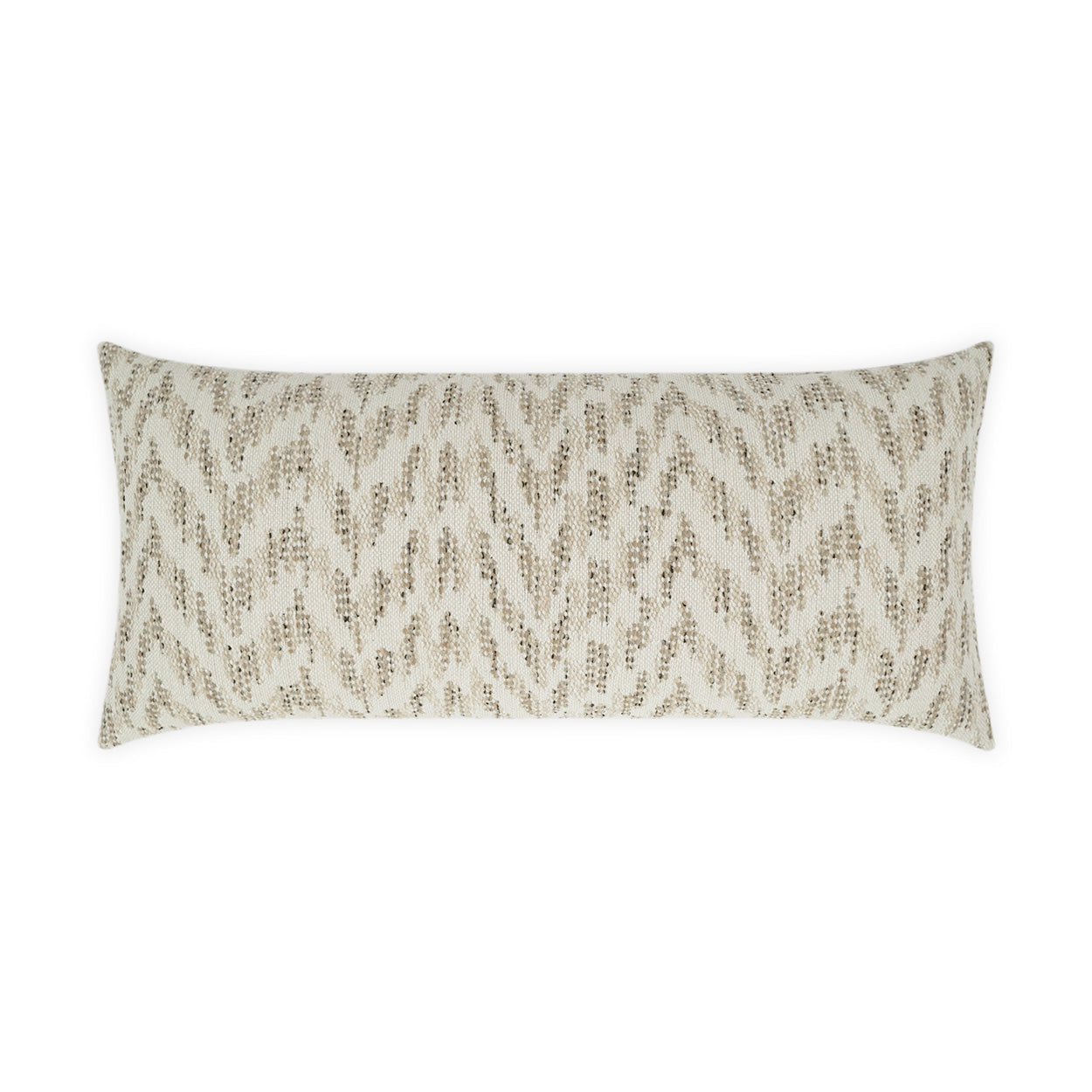 Outdoor 12" x 24" sliderule lumbar pillow in natural beige with taupe zigzag woven pattern.