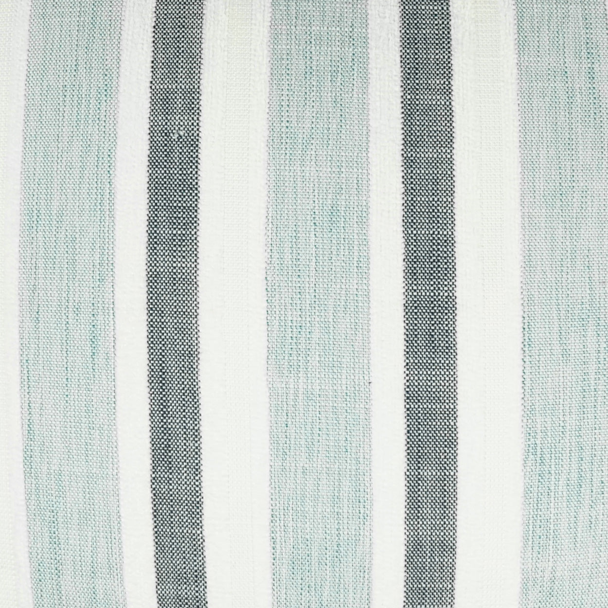 Outdoor lumbar pillow with vertical mint, white and navy stripes.