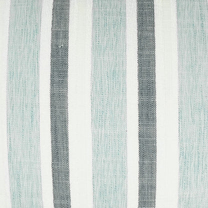 Outdoor lumbar pillow with vertical mint, white and navy stripes.