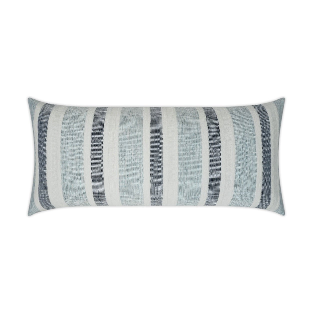Rectangular outdoor lumbar pillow in coastal style with woven striped fabric in navy, light blue and white.