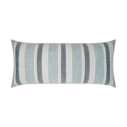 Rectangular outdoor lumbar pillow in coastal style with woven striped fabric in navy, light blue and white.