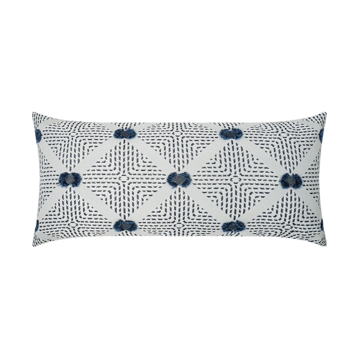 Rectangular outdoor lumbar pillow with navy tufted diamond lattice on white.