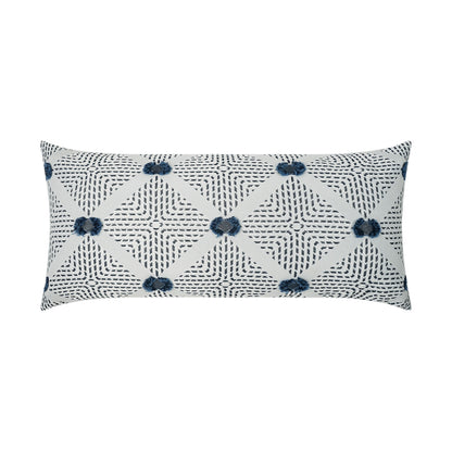 Rectangular outdoor lumbar pillow with navy tufted diamond lattice on white.