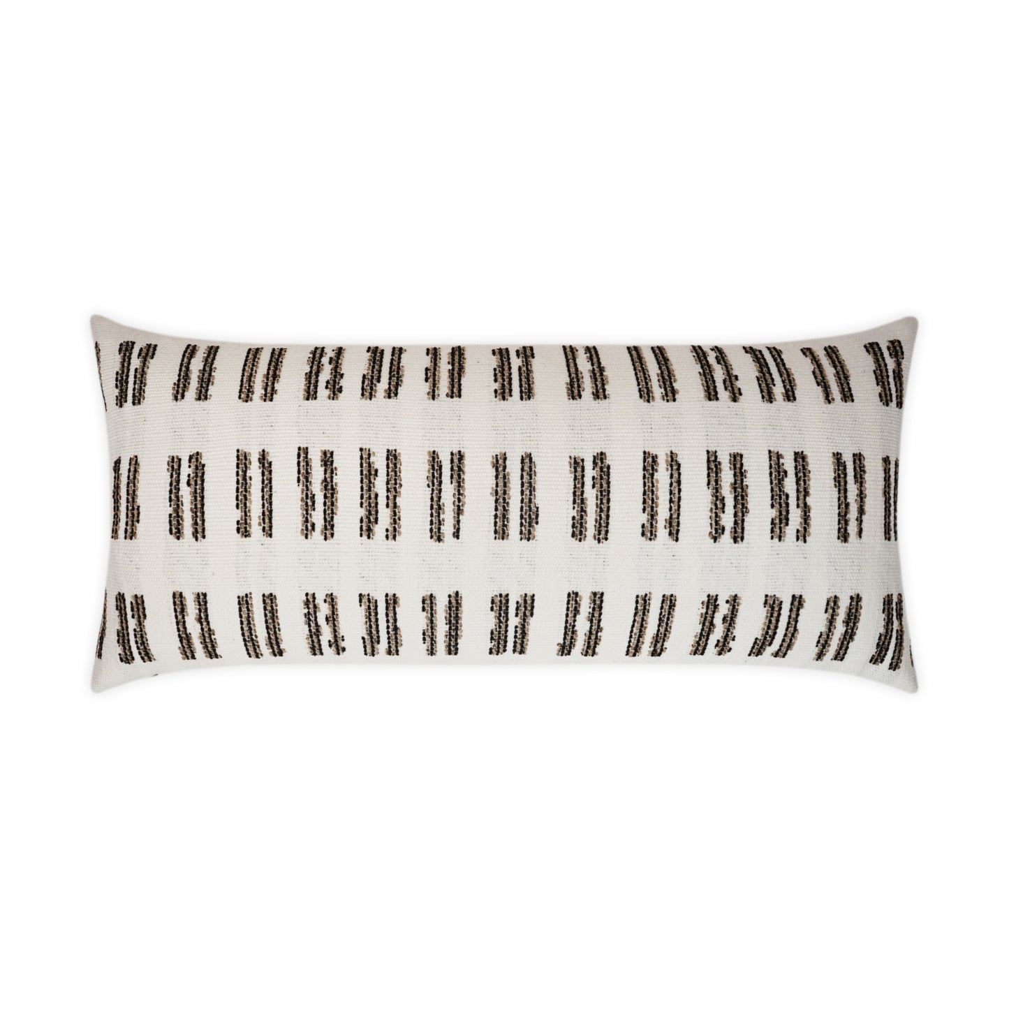 12” x 24” natural Saybrook lumbar pillow with woven texture, durable fade-resistant outdoor fabric; perfect neutral accent pillow for patio seating, sofa, daybed, and indoor/outdoor décor.