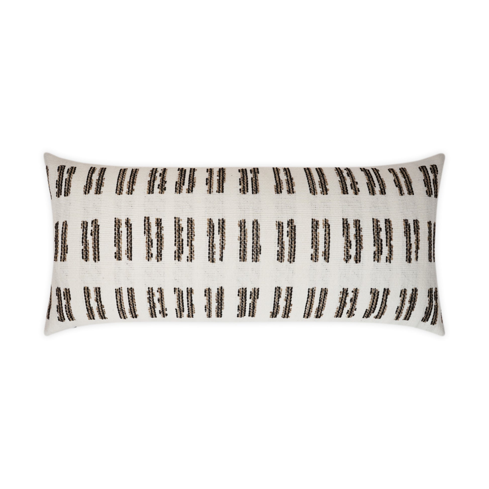 12” x 24” natural Saybrook lumbar pillow with woven texture, durable fade-resistant outdoor fabric; perfect neutral accent pillow for patio seating, sofa, daybed, and indoor/outdoor décor.