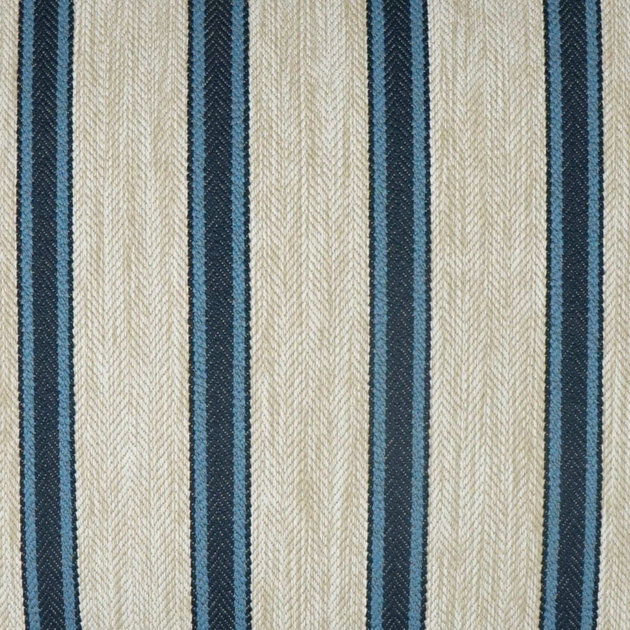 Beige and navy striped woven fabric with herringbone texture, vertical stripes for upholstery or drapery.