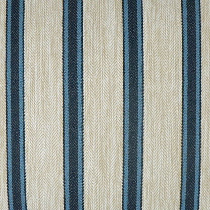 Beige and navy striped woven fabric with herringbone texture, vertical stripes for upholstery or drapery.