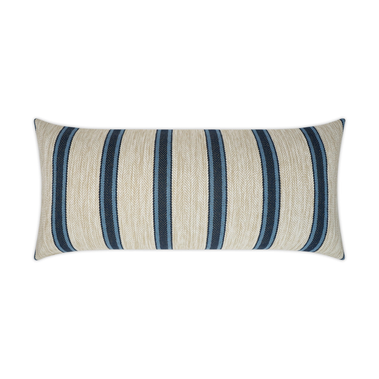 Rectangular beige outdoor lumbar pillow with dark navy vertical stripes in woven texture.
