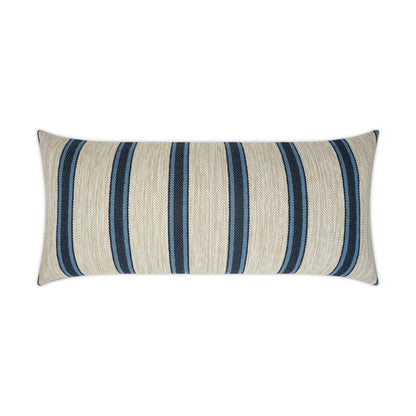 Rectangular beige outdoor lumbar pillow with dark navy vertical stripes in woven texture.