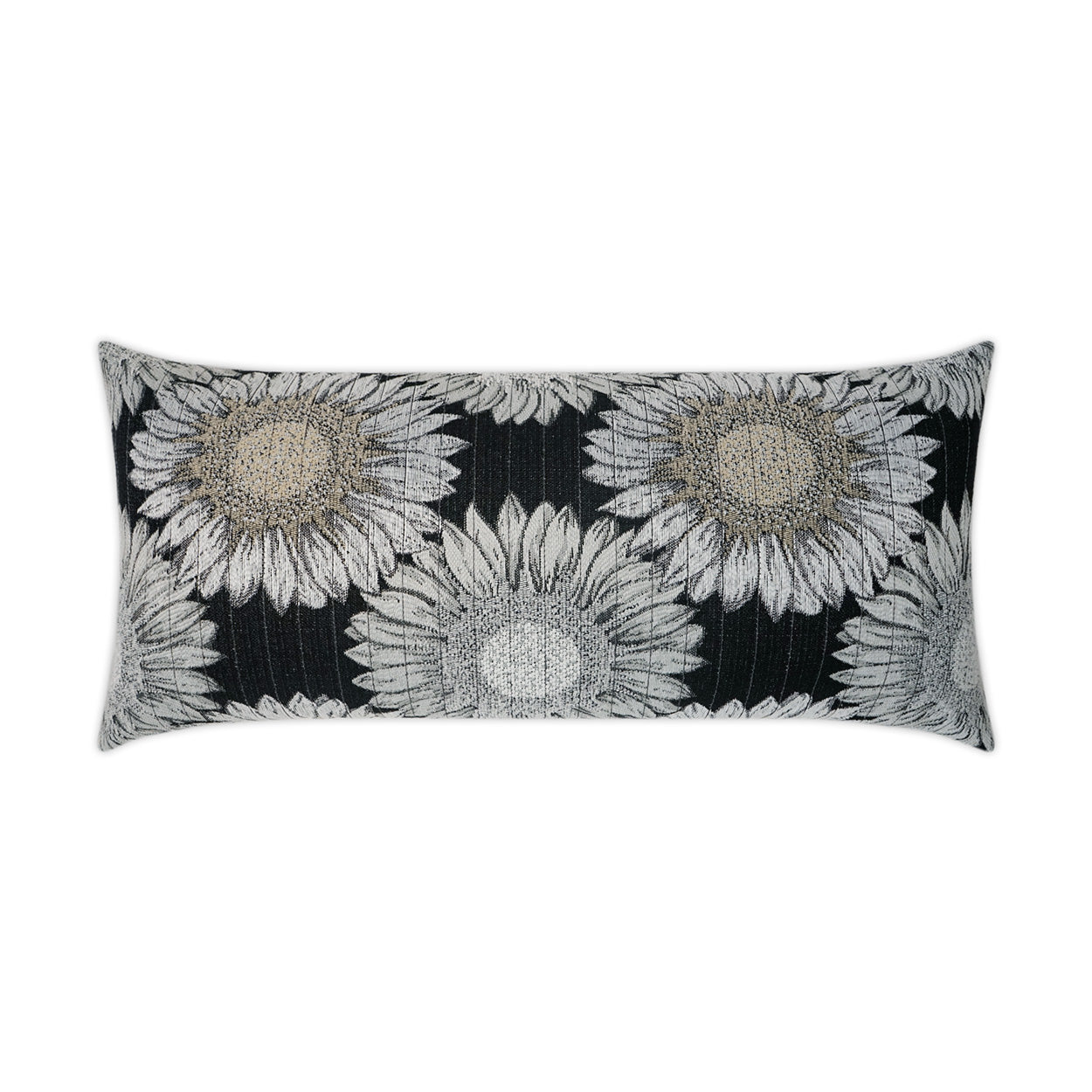 Outdoor Daisy Chain lumbar pillow, 12" x 24", black woven background with cream daisies.
