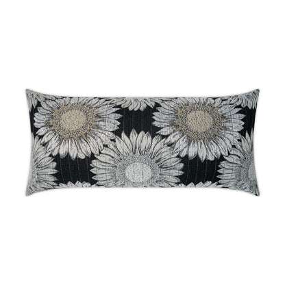 Outdoor Daisy Chain lumbar pillow, 12" x 24", black woven background with cream daisies.