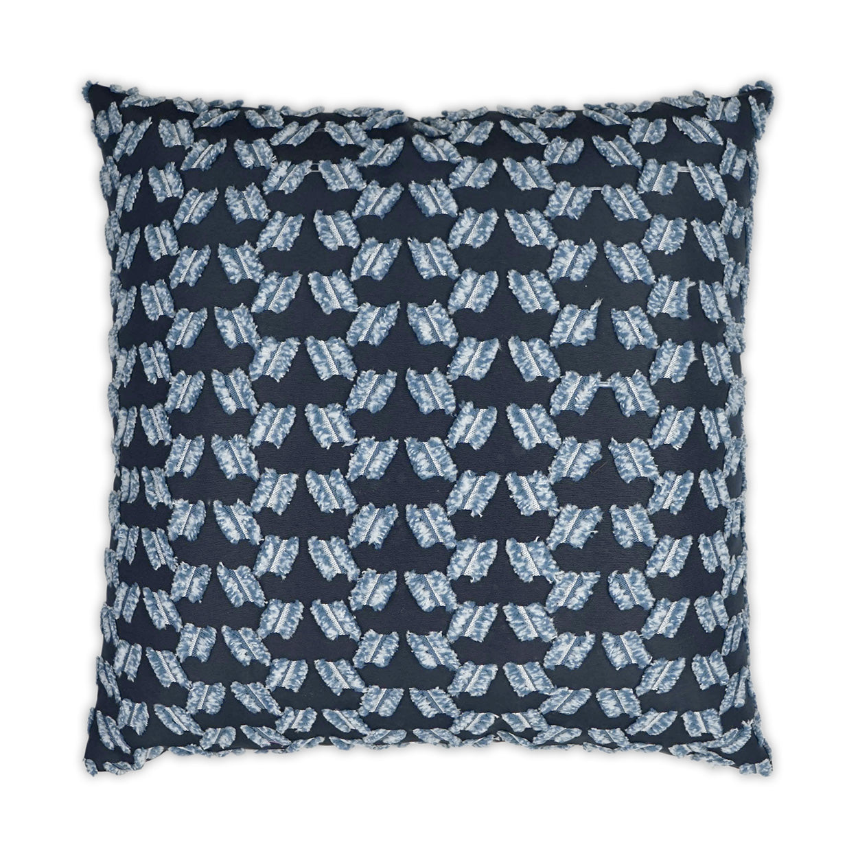 Navy throw pillow with pale blue leaf-shaped motif and fringed edges.