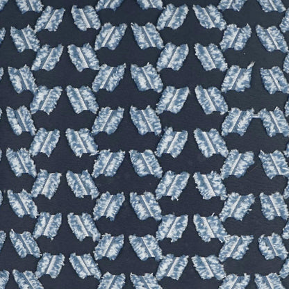 Navy fabric with repeating pale blue diagonal-bar motifs in a geometric grid; woven textile pattern.
