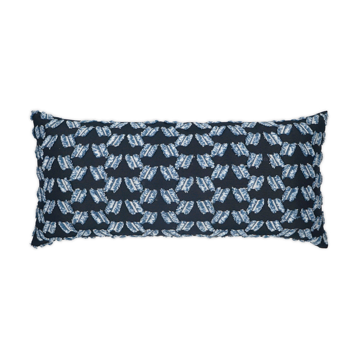 Rectangular navy throw pillow with light blue feather/leaf pattern and fringe-trim edges, decorative sofa cushion.