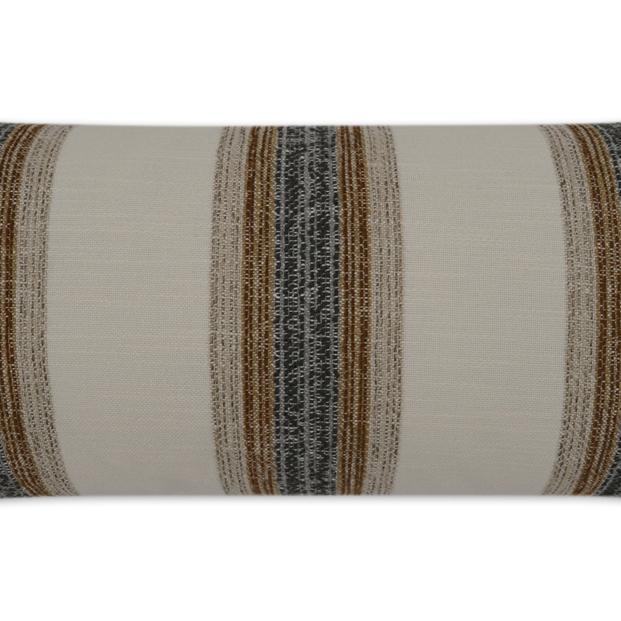Beige outdoor lumbar pillow with tweed stripes in brown, gray, and tan.