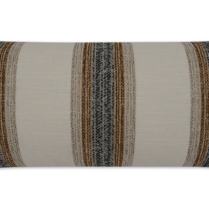 Beige outdoor lumbar pillow with tweed stripes in brown, gray, and tan.